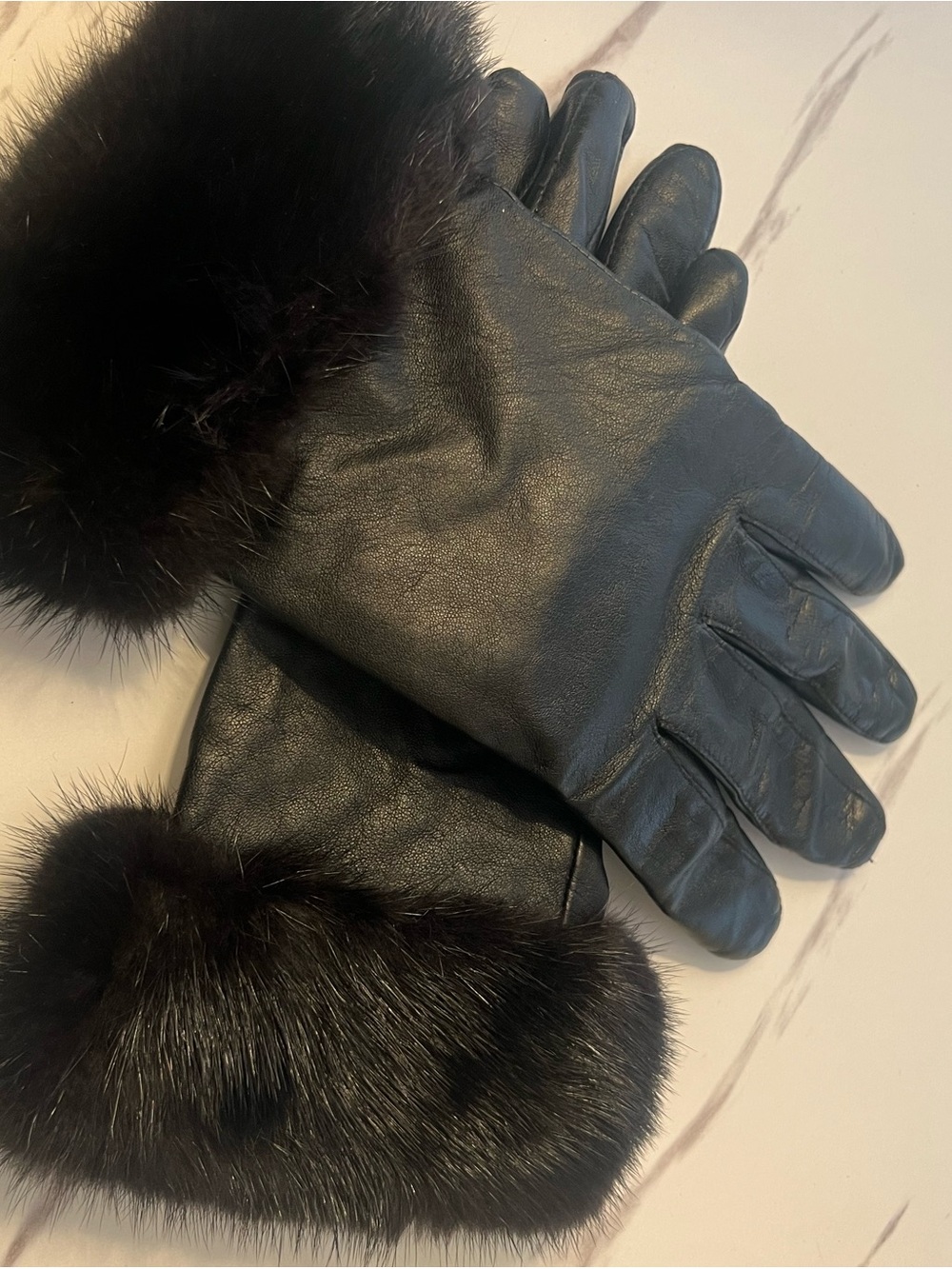 Women's Black Leather Gloves with Fur Cuff